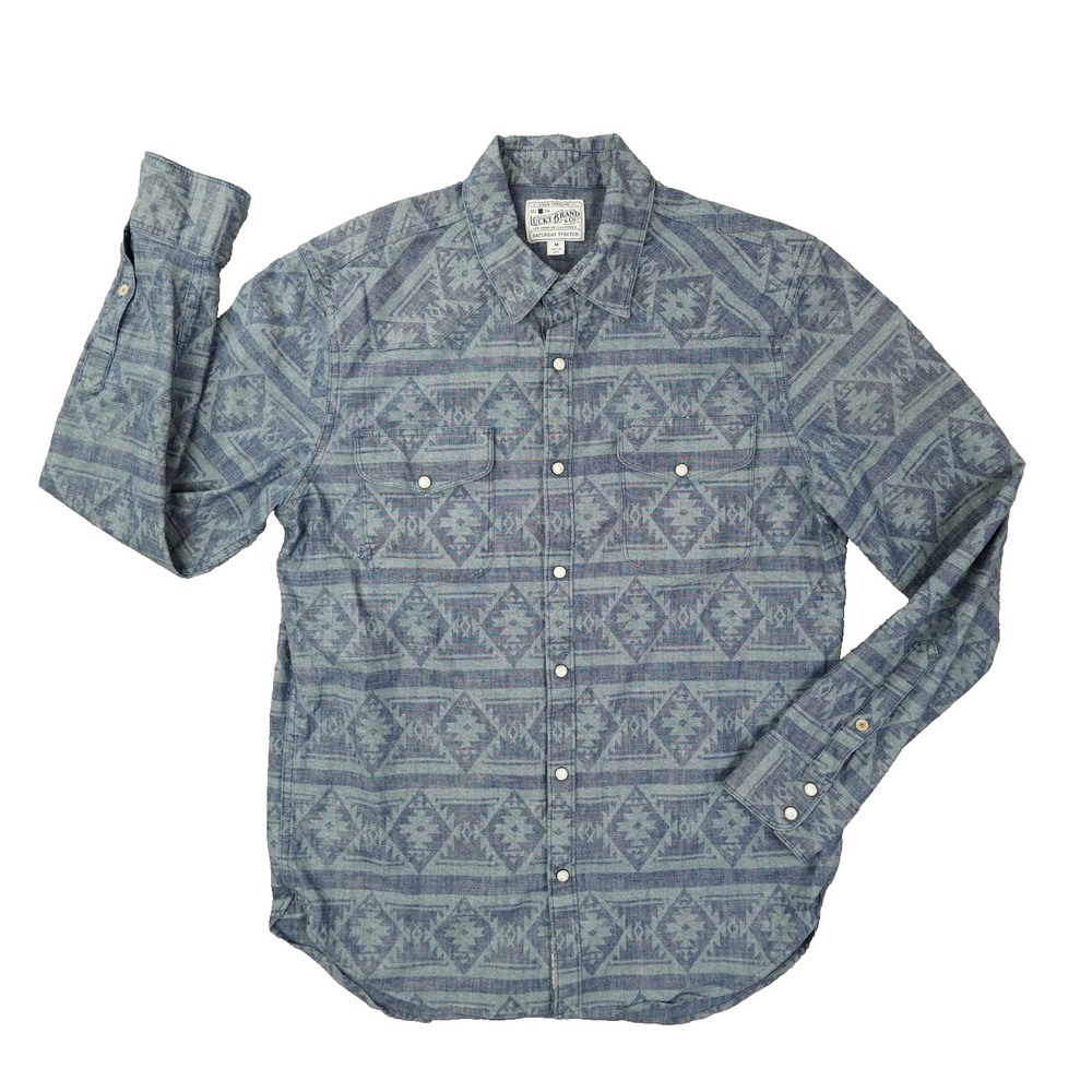 Lucky Brand Saturday Stretch Pearl Snap Shirt Men's Medium Denim Aztec Print